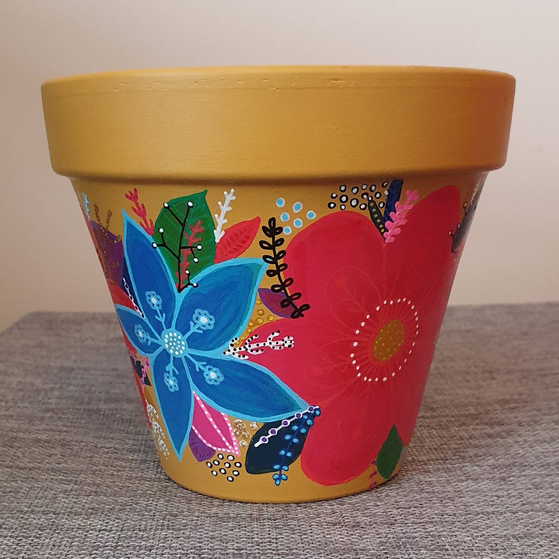 Mustard Floral Plant Pot Etsy UK