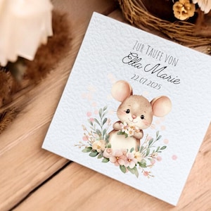 Personalisierte Karte zur Taufe mit Name und Taufdatum  - Glückwünsche zur Taufe - Aufklappbare Karte (Kleine Maus mit Blumen) Taufgeschenke