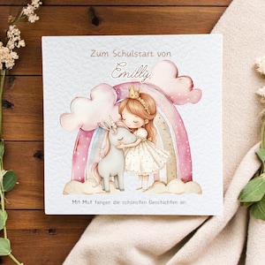 Personalisierte Karte zum Schulanfang für Mädchen - Einhorn mit Prinzessin - Geschenke für das Schulkind - Glückwünsche an das Schulkind