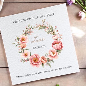 Personalisierte Karte mit Blumenkranz zur Geburt mit Name und Spruch  - Glückwünsche zur Geburt - Geschenke zur Geburt für Mädchen