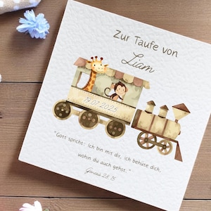 Personalisierte Karte mit "Safari-Lokomotive" zur Taufe mit Name, Taufdatum und Taufspruch  - Glückwünsche zur Taufe - Aufklappbare Karte