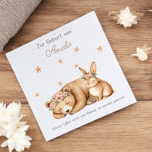 Personalisierte Karte mit "Tiere" zur Geburt mit Name und Spruch  - Glückwünsche zur Geburt - Geschenke zur Geburt für Mädchen und Jungs