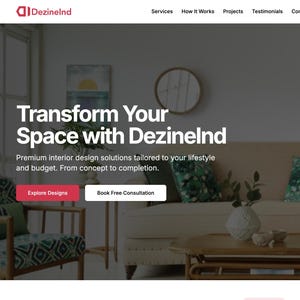 Peut inclure: Une page d'accueil de site web pour une entreprise de design d'intérieur appelée Dezinelnd. Le site web présente une photo d'un salon avec un canapé, deux fauteuils, une table basse et un lampadaire. Le texte sur le site web indique "Transformez votre espace avec Dezinelnd" et "Solutions de design d'intérieur haut de gamme adaptées à votre style de vie et à votre budget. De la conception à la réalisation."