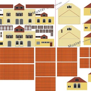 Könnte beinhalten: Ein detaillierter Architekturmodellbausatz mit einem gelben Gebäude mit rotem Dach, Fenstern und Türen. Der Bausatz enthält verschiedene Gebäudekomponenten, Dachziegel und den Text "Bahnhof Isny ca. 1980".