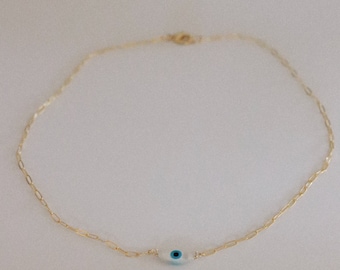 Mother of Pearl Evil Eye Necklace - Evil Eye Charm , Dainty Jewelry, Stacking Necklace , Layering Necklace