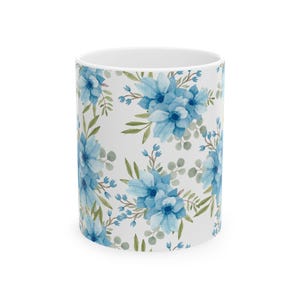 Floral Ceramic Mug with Blue Flowers, Perfect for Coffee Lovers, Gift for Birthdays, Mother's Day, or Any Occasion, 11oz & 15oz Options