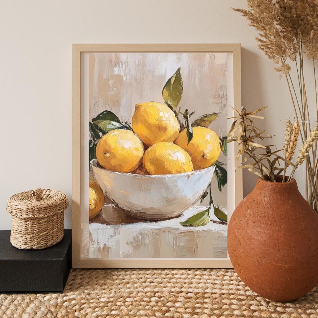 レモンの油絵 | ソレントレモンのアートプリント | 素朴なキッチンの壁