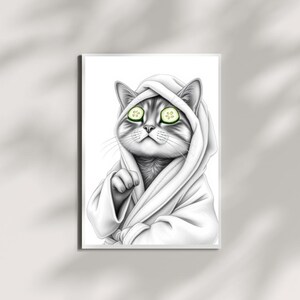 Arte mural con retrato de gato para baño, gato en bata imprimible, póster divertido de mascota, decoración de pared de spa, arte de gato para baño, impresión digital descargable