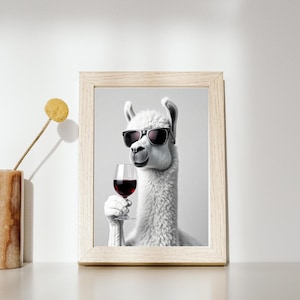 Llama Drinking Wine Wall Art, Funny Alpaca Print, Black and White Animal Poster, Home Bar Decor, Kitchen or Bar Cart Printable Art