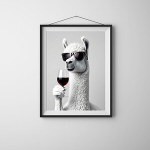 ワインを飲むラマのウォールアート、面白いアルパカのプリント、白黒の動物ポスター、ホームバーの装飾、キッチンやバーカートに印刷できるアート