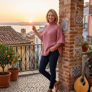 Peut inclure: Une femme porte un pull rose à col roulé et un jean bleu foncé sur un balcon. Un pilier de briques avec des carreaux décoratifs est visible. Un oranger en pot est sur le balcon. Un coucher de soleil est en arrière-plan.