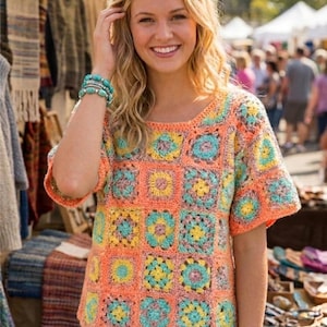Peut inclure: Un haut en crochet à manches courtes et coloré, avec un motif patchwork de carrés aux tons orange, jaune, bleu et vert. Le haut a une encolure ronde et est porté avec un pantalon clair. Le style général est bohème.
