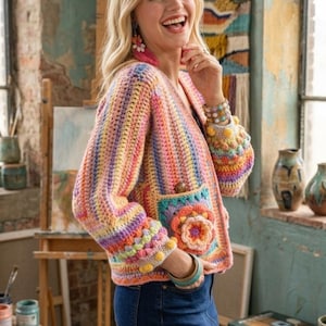 May include: A vibrant, striped crochet cardigan with a floral pocket design. The jacket features a variety of colours, including pink, yellow, purple, and blue. The sleeves have a pom-pom trim. The person is wearing blue jeans.