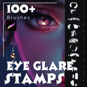 Può includere: Grafica digitale con un primo piano di un occhio stilizzato con iride rossa e lunghe ciglia. Il testo "100+ Brushes" e "Eye Glare Stamps" è visibile. È presente anche un logo dell'app Procreate.