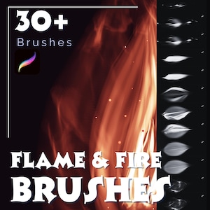 May include: Digital art brushes for Procreate. The image features a fiery orange and red flame design with the text "30+ Brushes" and "Flame & Fire Brushes". A Procreate app icon is also visible.