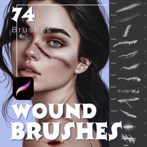 May include: Digital art product showing a woman's face with scar makeup and a selection of scar brushes. The text reads "74 Brushes" and "Wound Brushes" with a Procreate app icon.