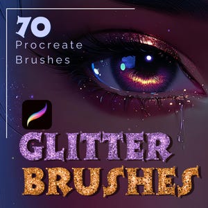 Op de afbeelding: Digitale illustratie van een oog met glitter make-up en tranen. De afbeelding bevat de tekst "70 Procreate Brushes" en "Glitter Brushes" in sprankelende lettertypen, samen met het Procreate app-logo.