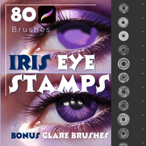 May include: Digital art product featuring two close-up images of purple eyes with long eyelashes. Text includes "80 Brushes," "Iris Eye Stamps," and "Bonus Glare Brushes." A series of grayscale iris eye stamps are displayed on the right side of the image.