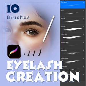 May include: An illustration promoting digital eyelash brushes. The image features a close-up of an eye with drawn eyelashes, a stylus, and a list of brush types. Text reads "10 Brushes" and "Eyelash Creation."
