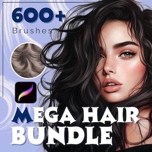 Puede incluir: Anuncio de un paquete de arte digital con una mujer de pelo oscuro. La imagen incluye el texto "600+ Brushes" y "MEGA HAIR BUNDLE". También se muestra una muestra de textura de cabello y un icono de aplicación de arte digital.
