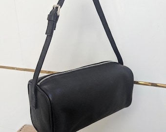 Äkta fårskinnsväska med topphandtag, minimalistisk 90-talsväska, svart läderväska