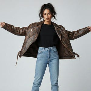 Oversized bruin leren bikerjack jaren 90, volnerf, losse pasvorm