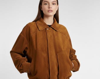 Vintage 90s Suede Leather Bomber Jacket: Oversized Brown