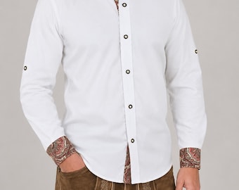 Mens White Bavarian Trachten Shirt with Band Collar Traditional Embroidered Oktoberfest Festival Wear