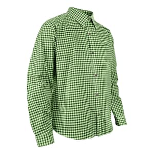 Side angle of men's green gingham shirt with long sleeves for beer festival or costume wear