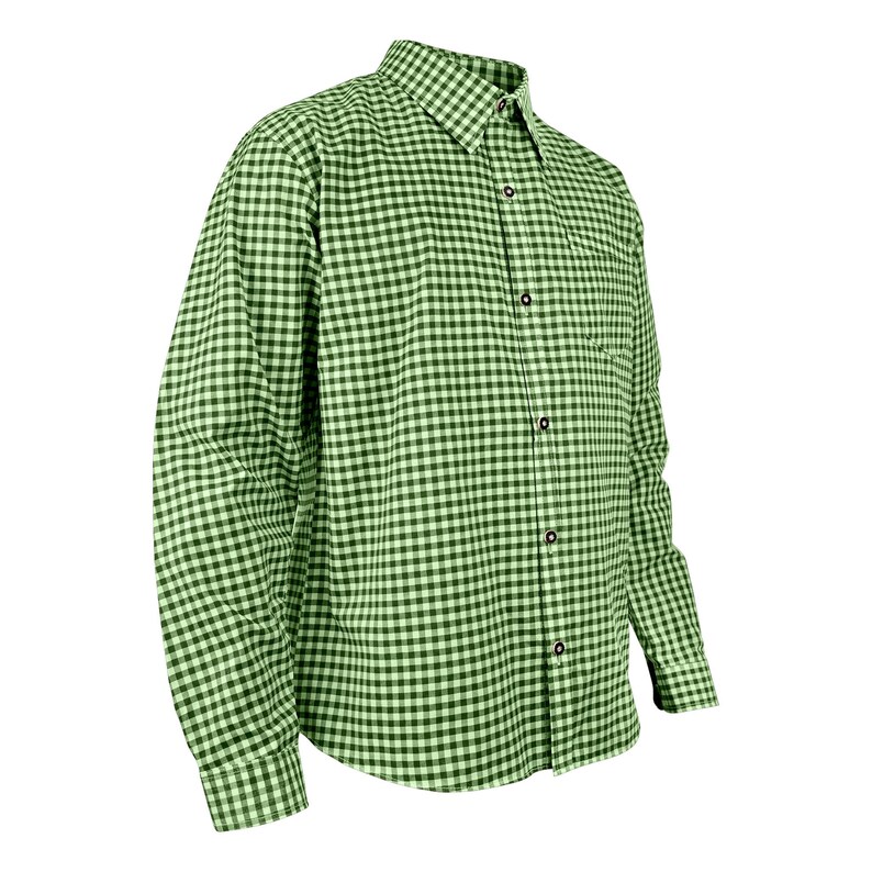 Side angle of men's green gingham shirt with long sleeves for beer festival or costume wear