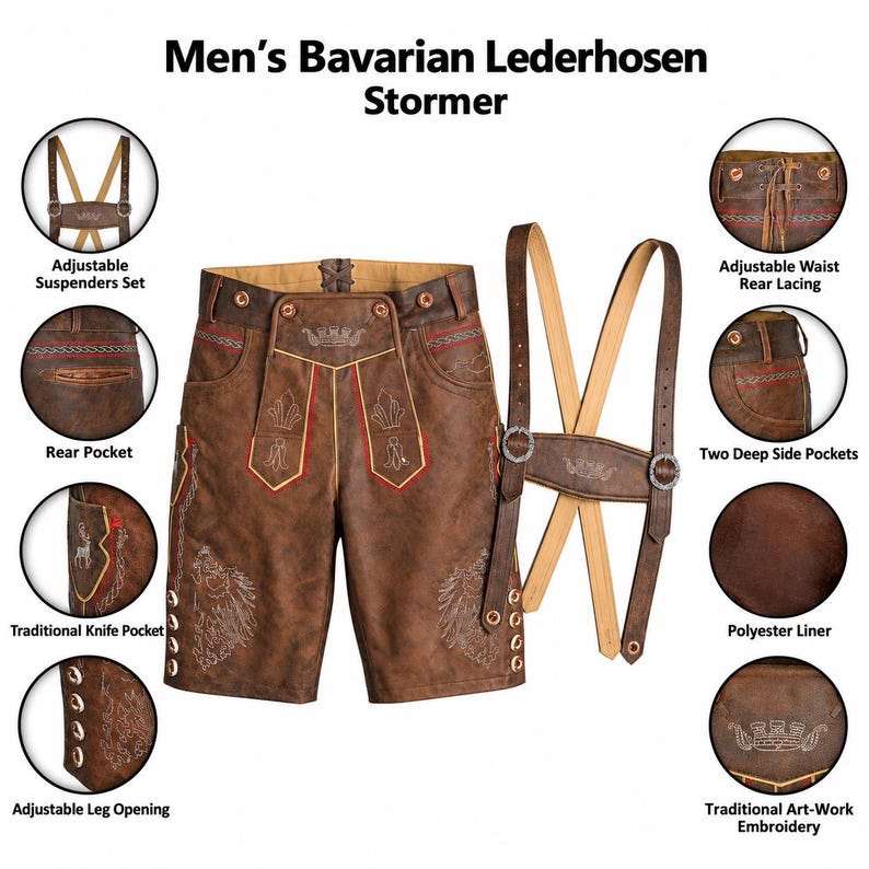 Infographic image of men’s Bavarian lederhosen which includes adjustable suspenders, waist lacing, side pockets, knife pocket, adjustable leg openings, and traditional embroidery.