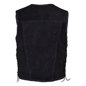 Rear view of a black cowhide suede leather vest displayed on a white background. The back panel features a clean, seamless design with braided edging along the shoulder and hem. Side lacing details are partially visible, showing adjustable waist functionality for a better fit.