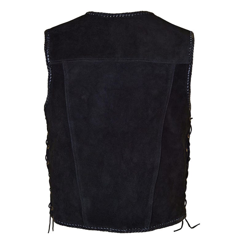 Rear view of a black cowhide suede leather vest displayed on a white background. The back panel features a clean, seamless design with braided edging along the shoulder and hem. Side lacing details are partially visible, showing adjustable waist functionality for a better fit.