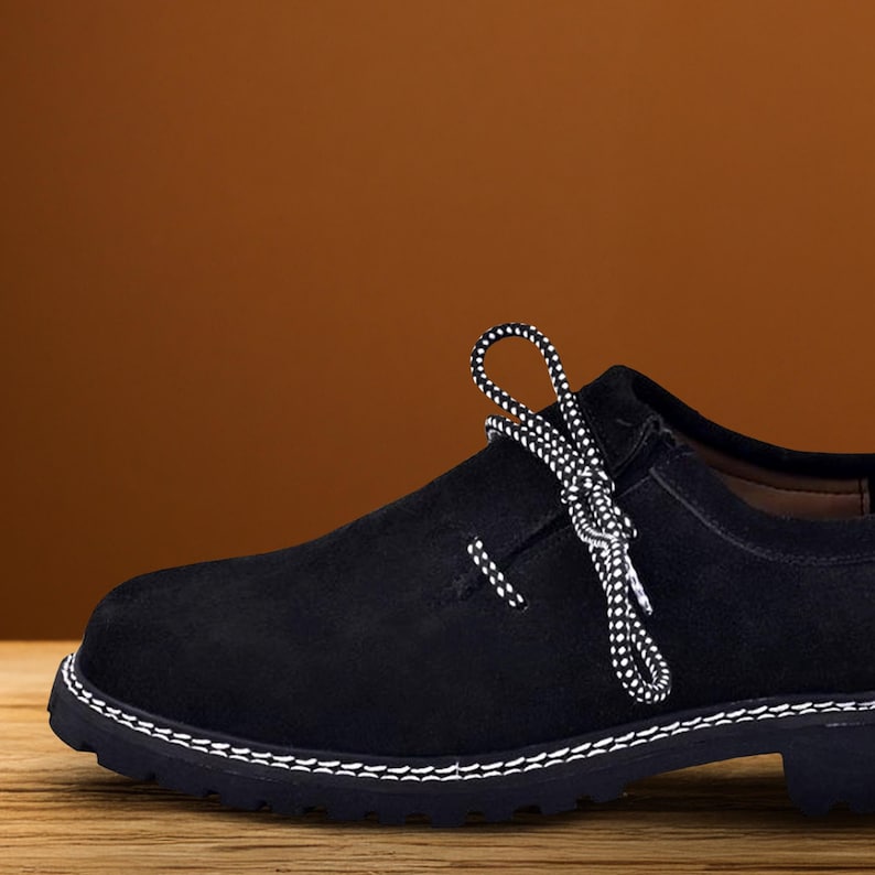 Mens black bavarian suede shoes side angle for traditional german festival outfit