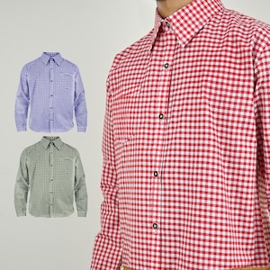 Men's Bavarian checkered shirts in red, blue, and green shown together for Oktoberfest outfit overview