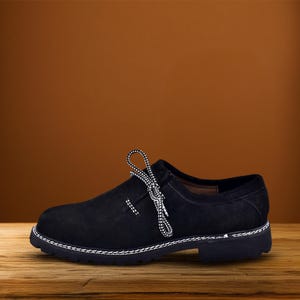 Black suede lederhosen shoes front view for Oktoberfest costume gift for him