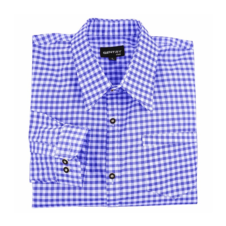 Flat lay of men's blue checkered German shirt with folded sleeves traditional Oktoberfest attire