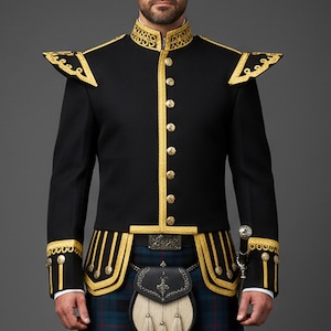 May include: Black jacket with gold trim, epaulets, and buttons. The jacket features a high collar and is paired with a traditional kilt and sporran. The gold detailing is intricate, and the jacket has a formal appearance.