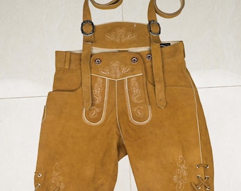 Mens Oktoberfest Outfit Golden Brown Suede Lederhosen Shorts with Suspenders German Costume for Festival