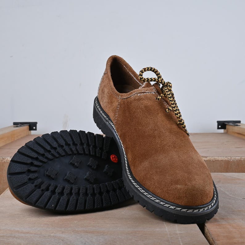 Golden brown suede lederhosen shoes front angle with soft toe and german style
