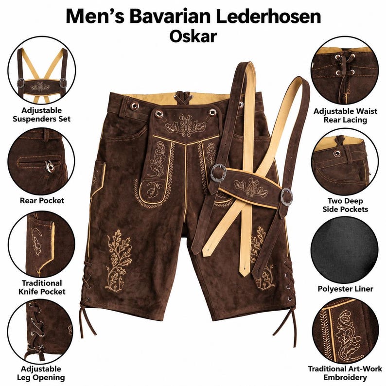May include: Dark brown leather shorts with light brown embroidery, adjustable suspenders, rear lacing, side pockets, a knife pocket, and adjustable leg openings. The text reads Men's Bavarian Lederhosen Oskar, Adjustable Suspenders Set, Rear Pocket, Traditional Knife Pocket, Adjustable Leg Opening, Adjustable Waist Rear Lacing, Two Deep Side Pockets, Polyester Liner, and Traditional Art-Work Embroidery.