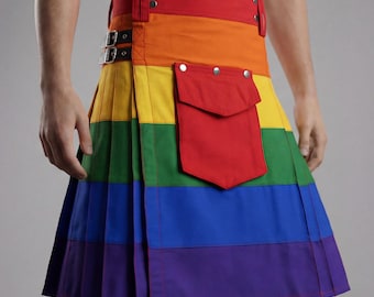Men’s Hybrid Rainbow Utility Kilt with Removable Cargo Pockets | Festival, Pride & Alternative Fashion Wear