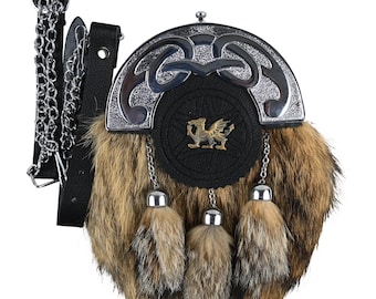Brauner Fake Kaninchenfell Leder Sporran - Dragon Chrome Kilt Sporran für Scottish Highland Outfit