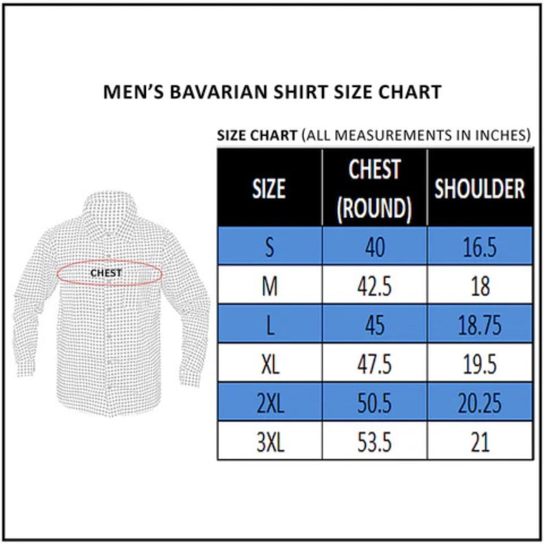 Puede incluir: Tabla de tallas para camisa b&aacute;vara, medidas en pulgadas. Tallas de la S a la 3XL, medidas de pecho de 101.6 a 135.9 cm y hombros de 41.9 a 53.3 cm. Un diagrama de camisa a la izquierda.