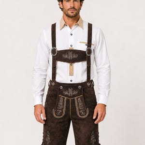 Oktoberfest Outfit Chocolate Brown Suede Lederhosen Shorts with Suspenders Bavarian German Costume