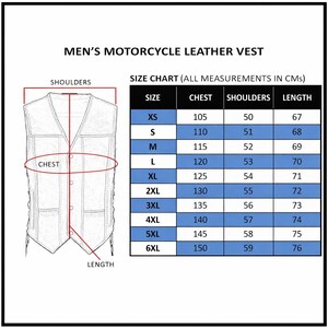 Size chart for Black Leather Motorcycle Vest