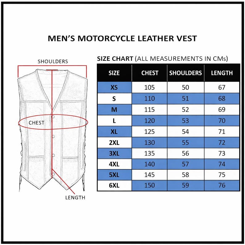 Size chart for Black Leather Motorcycle Vest