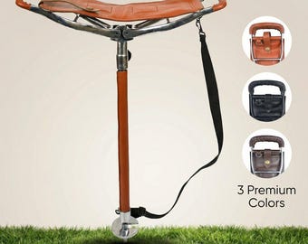 Adjustable Leather Shooting Stick Cane with Foldable Seat Portable Hunting & Hiking Stool Outdoor Gift for Dad or Grandpa