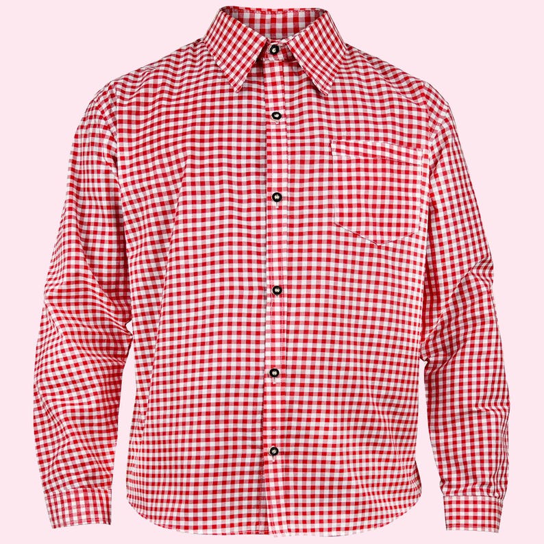Front view of red checkered Oktoberfest shirt for men with button-down collar and long sleeves