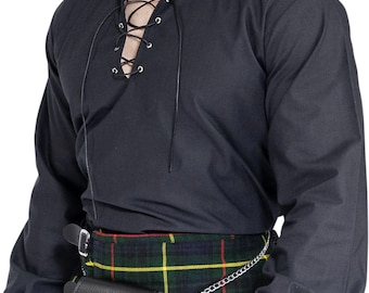 Camisa ghillie jacobita negra, traje de falda escocesa, traje renacentista